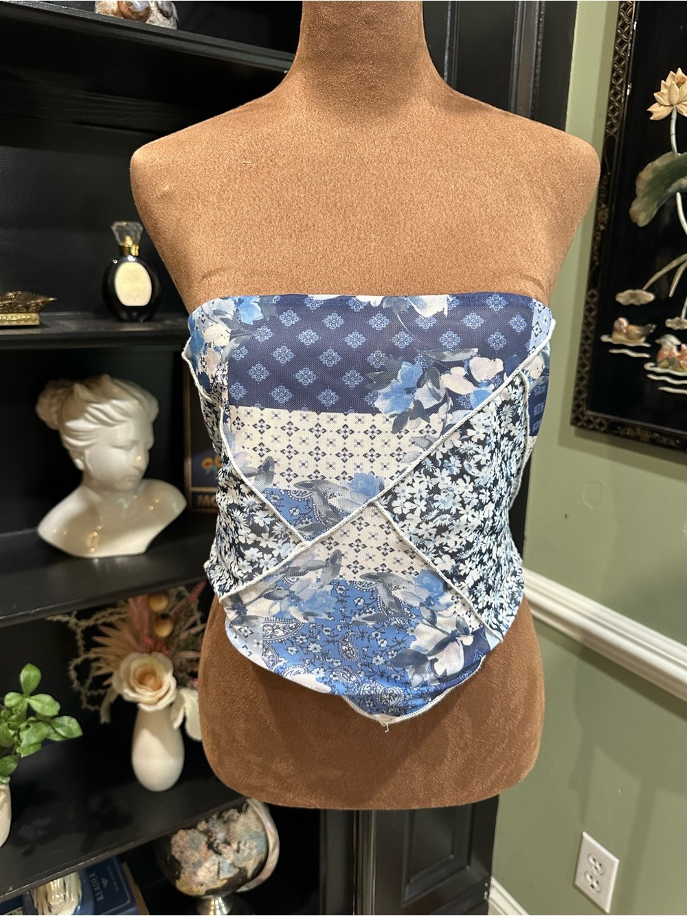 Altar’d State Blue White Patchwork Bandana Tube Top Tie Back Strapless Top Size